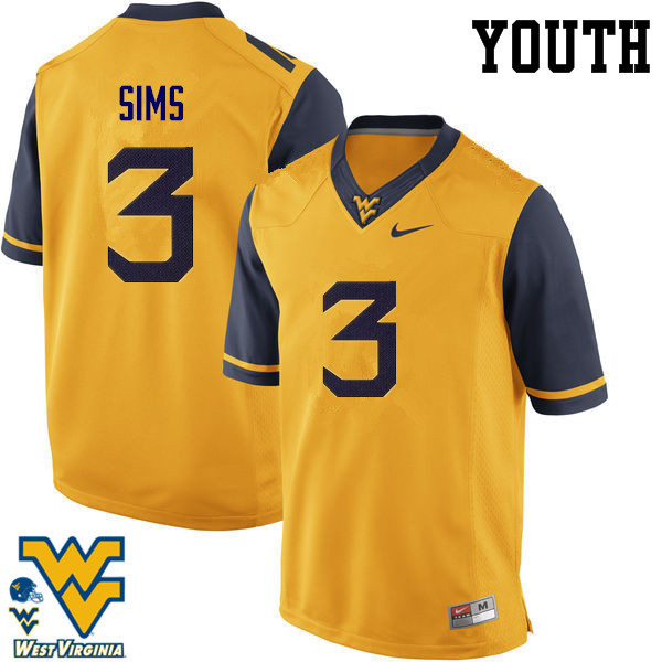 Youth #3 Charles Sims West Virginia Mountaineers College Football Jerseys-Gold - Click Image to Close